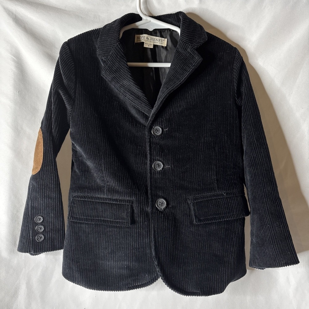Hope & Henry Boys Sz 4 Black Corduroy Blazer‎ Jacket w/Brown Elbow Patches